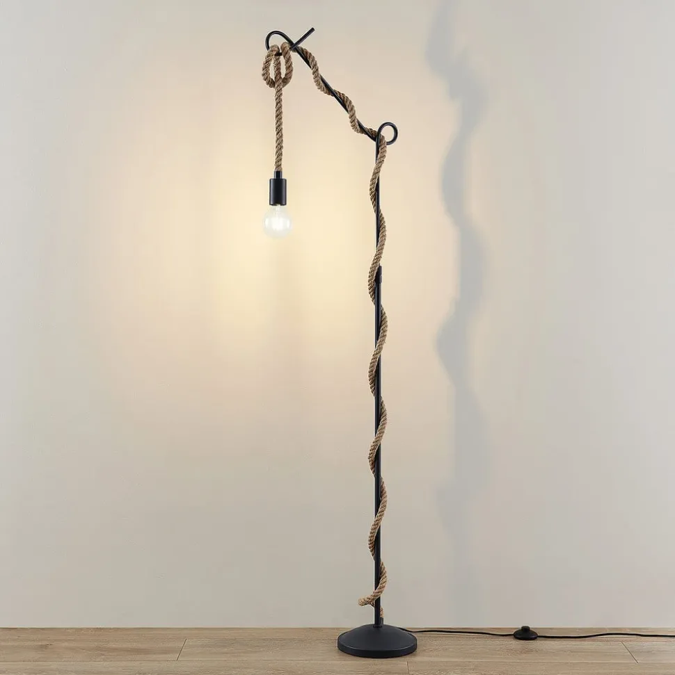 Lucande gulvlampe Ropina, høyde 180 cm, svart, hampetau