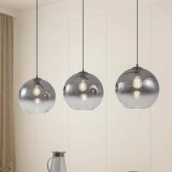 Lucande hengelampe Brillar, røykgrå, glass, 3 lyskilder, 128 cm