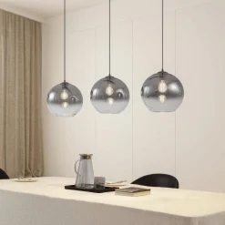 Lucande hengelampe Brillar, røykgrå, glass, 3 lyskilder, 128 cm