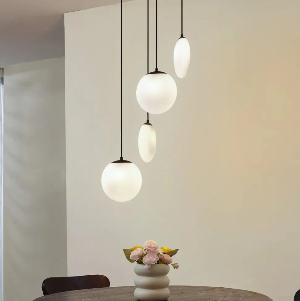 Lucande hengelampe Lunelle, hvit/svart, glass, 4 lyskilder, Ø 40cm