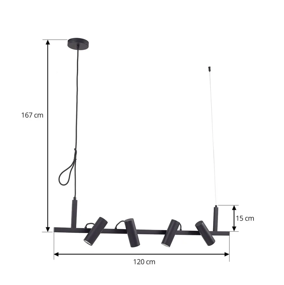Lucande hengelampe Lysias, svart, metall, lengde 120 cm