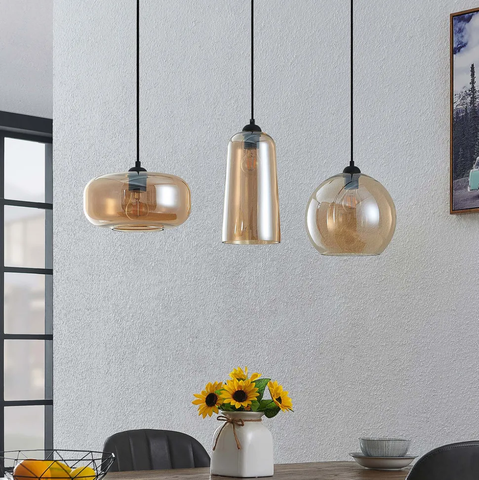 Lucande hengelampe Wilja, rav, glass, 111 cm, 3 lyskilder, E27