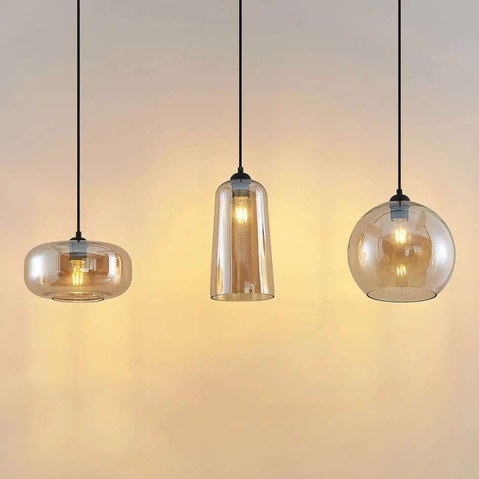 Lucande hengelampe Wilja, rav, glass, 111 cm, 3 lyskilder, E27