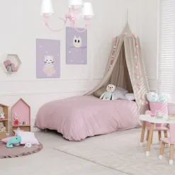 Lysekrone Alice, rosa, tre hvite stoffskjermer