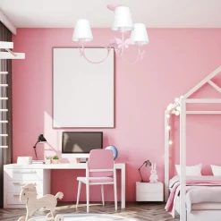 Lysekrone Alice, rosa, tre hvite stoffskjermer