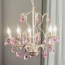 Lysekrone Kate, 5 lyskilder, hvit, rosa krystaller