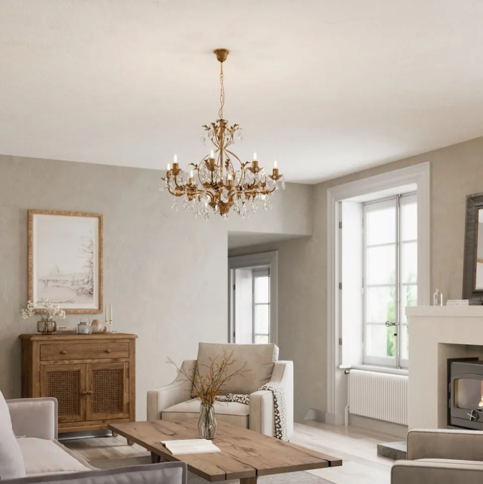 Lysekrone Teresa, bronse, krystall, Ø 70 cm, 8 lys