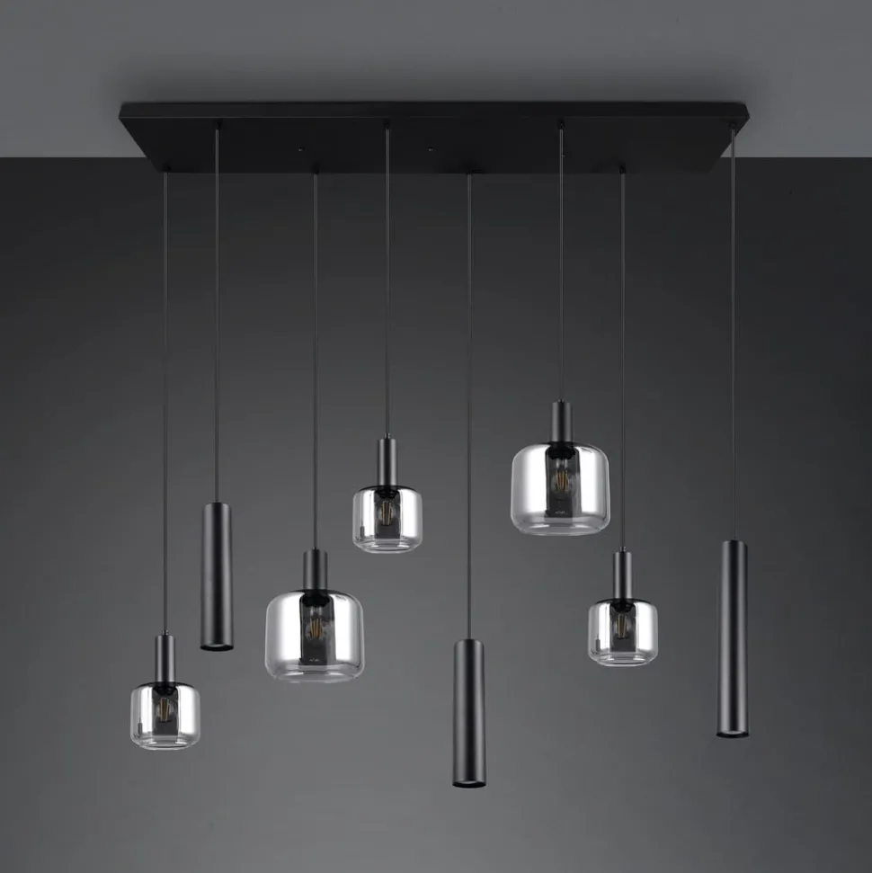 Mataro hengelampe, krom/svart, 118 cm, 8 lyskilder glass/metall