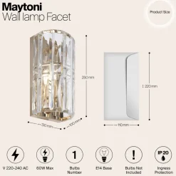 Maytoni Facet vegglampe, høyde 25 cm, gullfarget, glass, E14