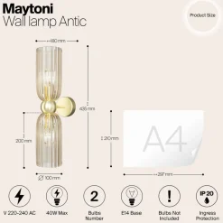 Maytoni vegglampe Antic, 2 lyskilder, gull/amber, glass