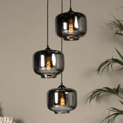 Medine pendellampe, røykgrå, Ø 46 cm, glass, 3 lyskilder