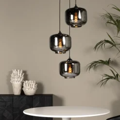 Medine pendellampe, røykgrå, Ø 46 cm, glass, 3 lyskilder