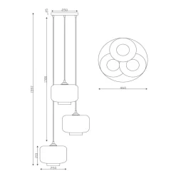 Medine pendellampe, røykgrå, Ø 46 cm, glass, 3 lyskilder