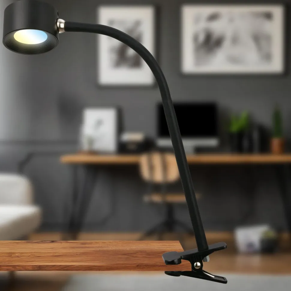 Oppladbar klemmelampe Tari, svart, CCT, berøringsdimmer, USB