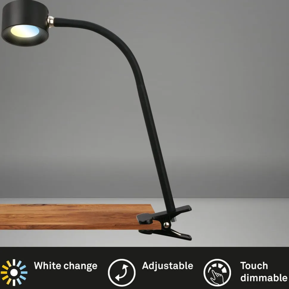 Oppladbar klemmelampe Tari, svart, CCT, berøringsdimmer, USB