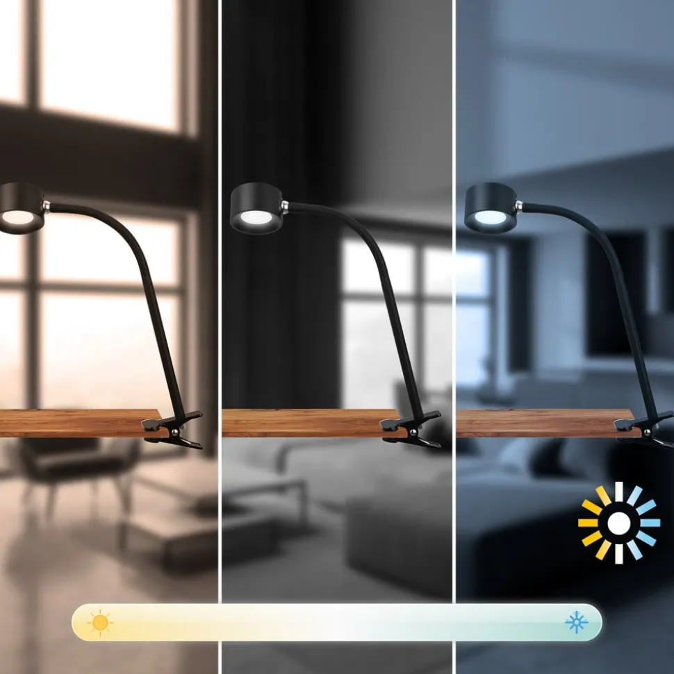 Oppladbar klemmelampe Tari, svart, CCT, berøringsdimmer, USB