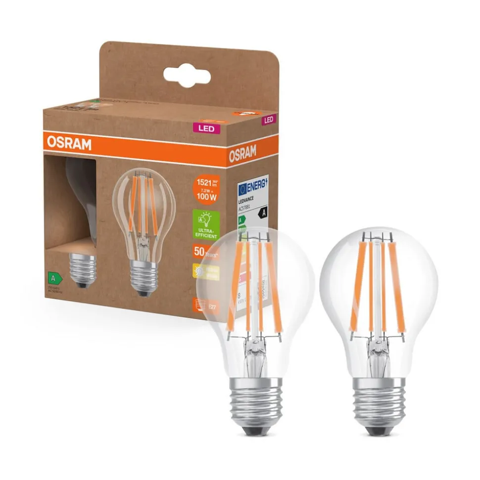 OSRAM LED tradisjonell glødepære E27 7,2W filament 2 700K 1521lm 2-pk