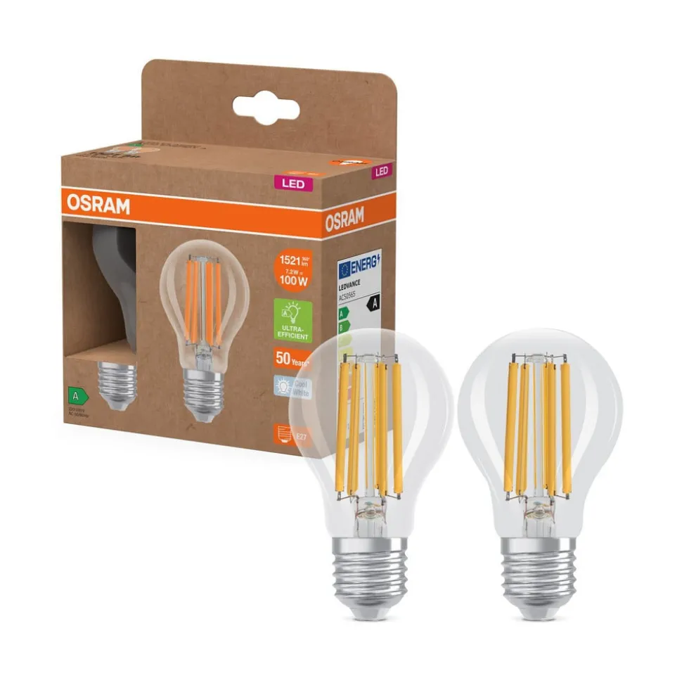 OSRAM LED tradisjonell glødepære E27 7,2W Filament 4,000K 1521lm 2-pk