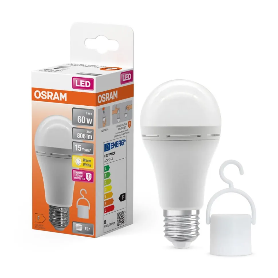 OSRAM tradisjonell LED-pære E27 8W matt 2700K oppladbart batteri nødlys