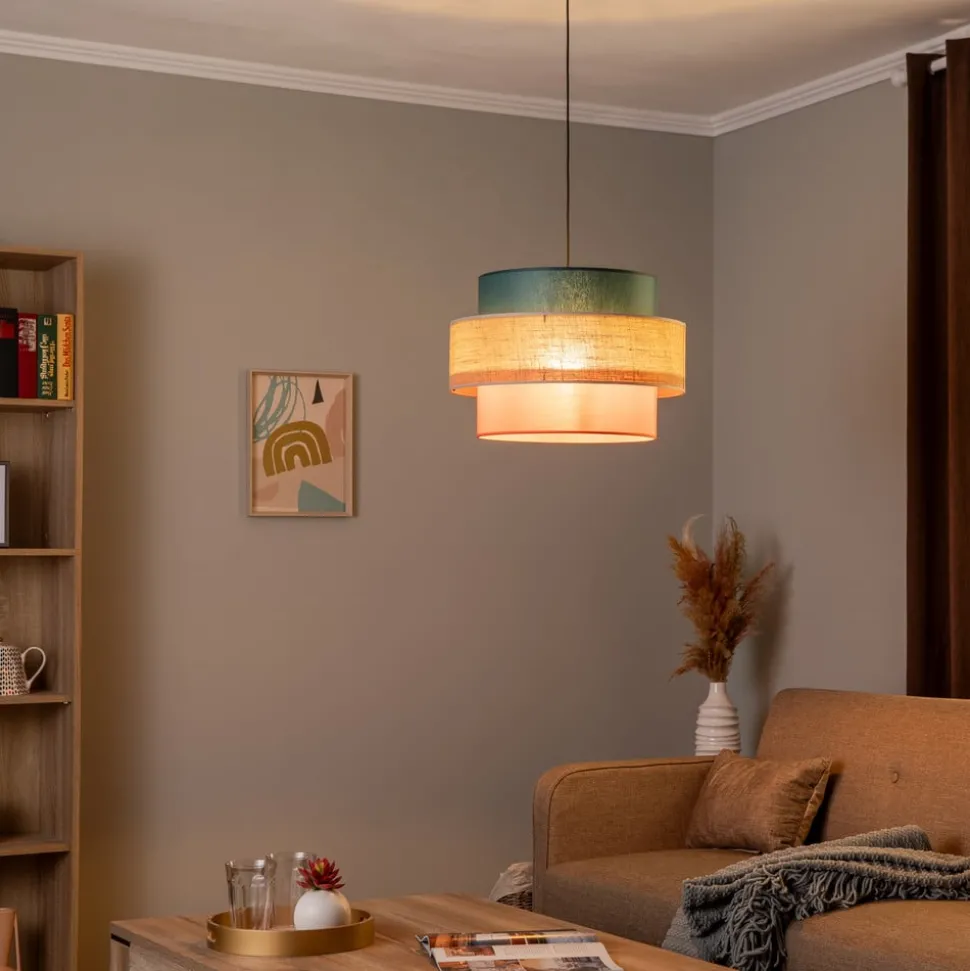 Pendellampe Trio, juteskjerm, petrol/naturbrun/oransje Ø 50cm