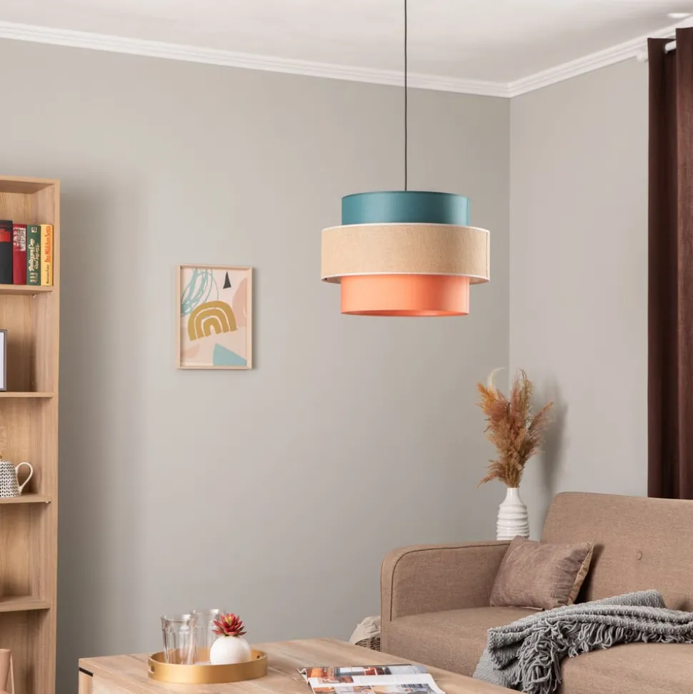 Pendellampe Trio, juteskjerm, petrol/naturbrun/oransje Ø 50cm