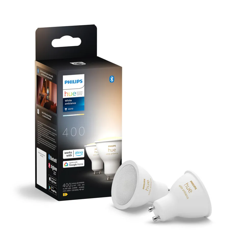 Philips Hue White Ambiance LED-reflektorpære GU10 4,2 W, sett med 2 stk
