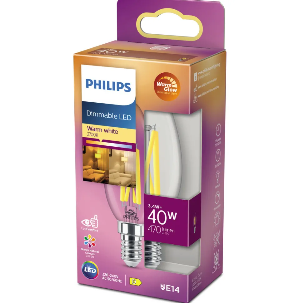 Philips LED-pære, E14 B35, 3,4 W, 2700 K, WarmGlow