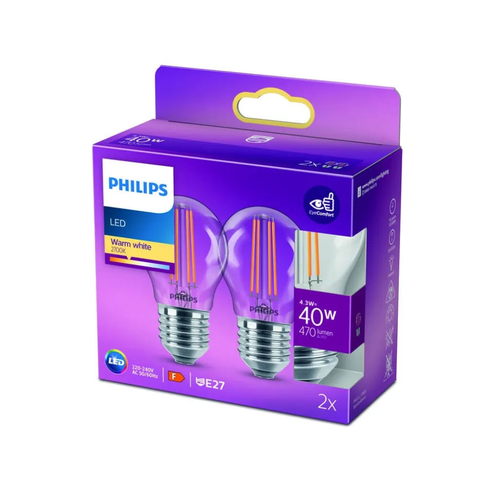 Philips LED-pære E27 P45 4,3W filament 2 700 K 2st