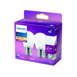Philips LED-pære E27 P45 4,3W 2 700 K opal 2 stk