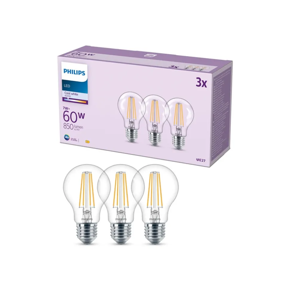 Philips LED-pære E27 7W 850lm 4 000 K klar 3stk
