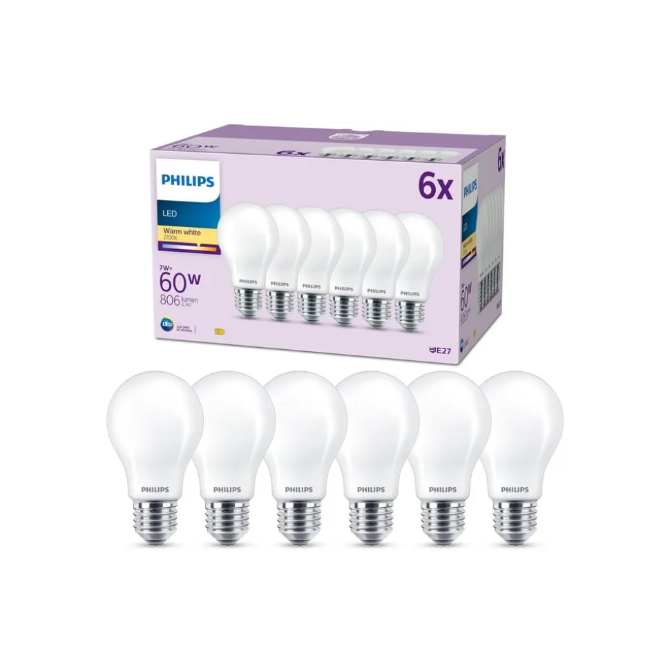 Philips LED-pære E27, 7W 806lm 2 700 K matt 6stk