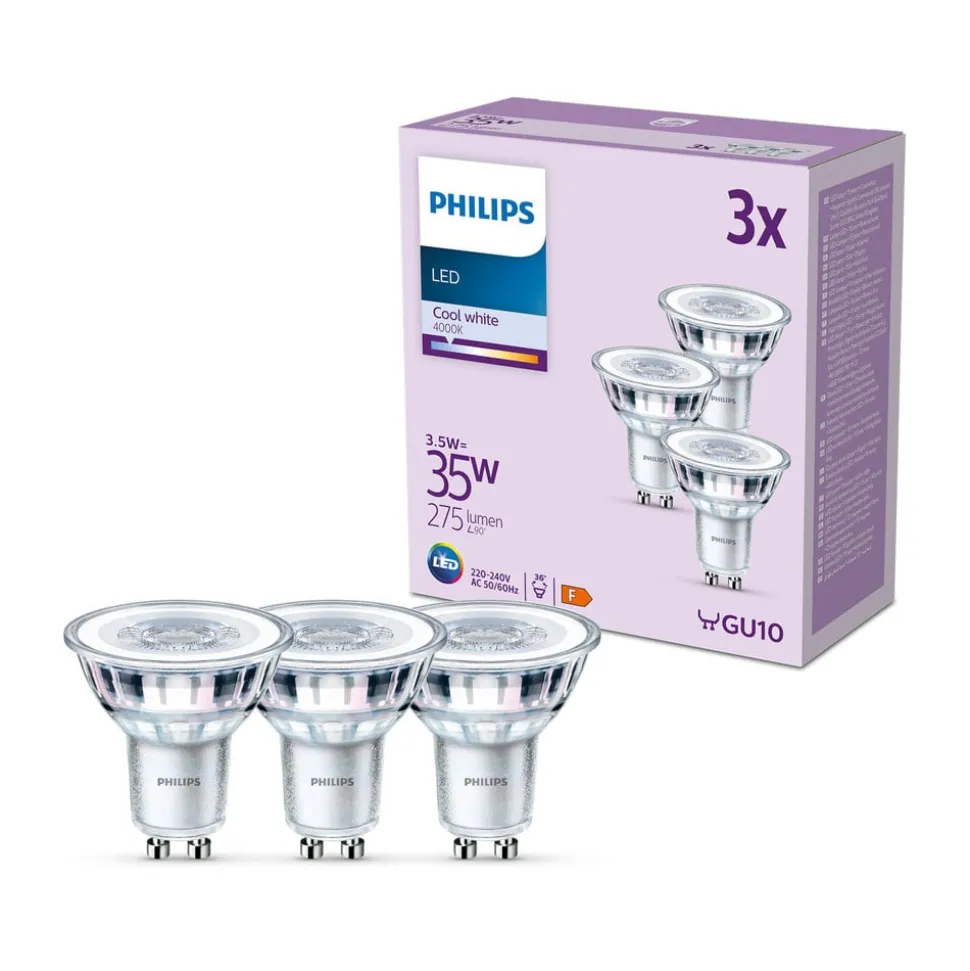 Philips LED-pære GU10 3,5W 275lm 840 klar 36° 3stk