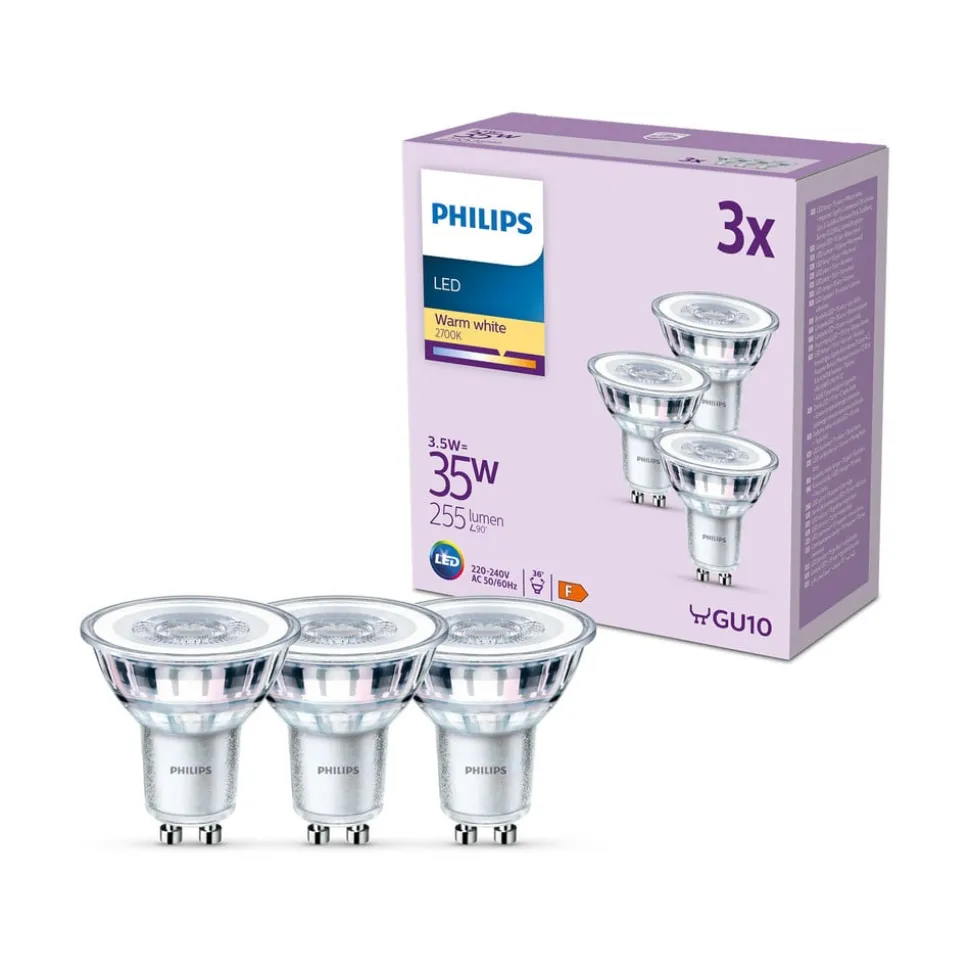 Philips LED-pære GU10 3,5W 255lm 827 klar 36° 3stk