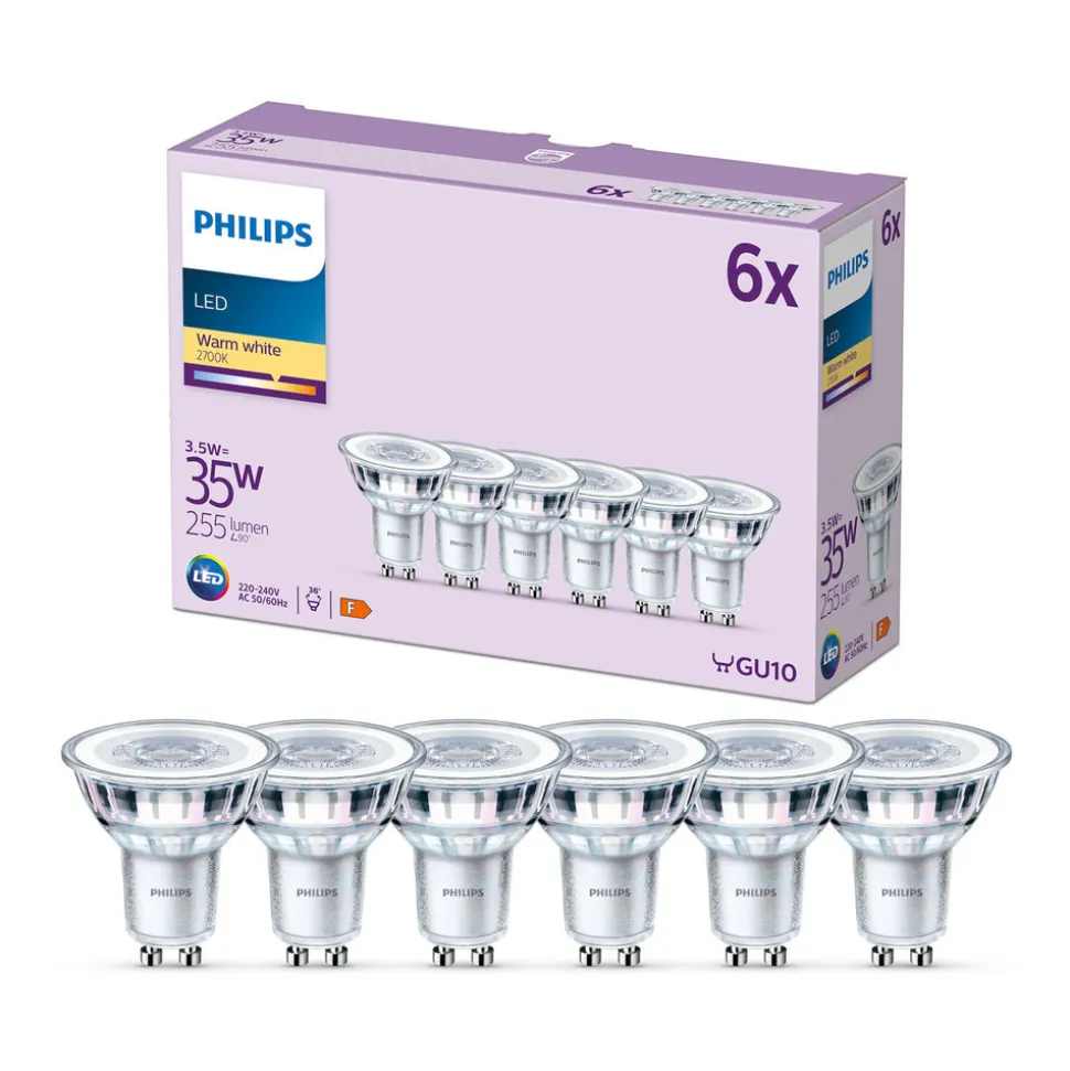 Philips LED-pære GU10 3,5W 255lm 827 klar 36° 6stk