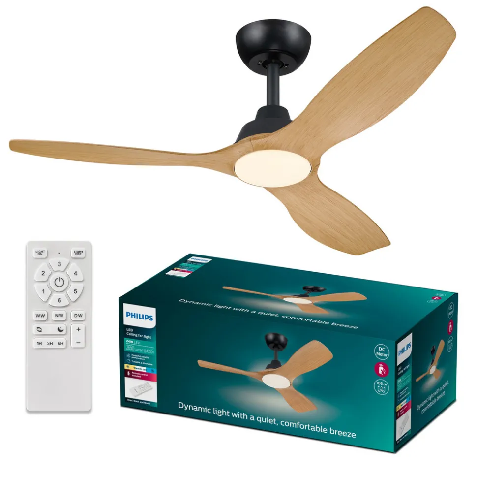 Philips LED-vifte Olas, Ø 132 cm, brun/svart, stillegående