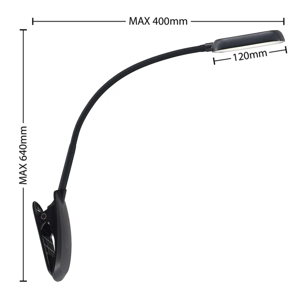 Prios LED-klemmelampe Najari, svart, oppladbart batteri, USB, 51 cm