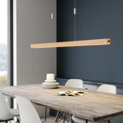 Quitani LED hengelampe Alin, lengde 138 cm, naturlig eik