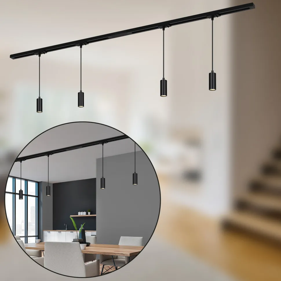 RAIL 230 V skinnesystem, svart, 4 LED-pendler, lengde 1,5 m