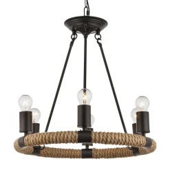 Rund LED-pendellampe Ulleu med hamptau 6 lyskilder