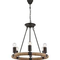 Rund LED-pendellampe Ulleu med hamptau 6 lyskilder