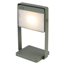 Saulio LED-bordlampe, olivengrønn, IP44, aluminium, USB, oppladbart batteri