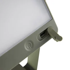 Saulio LED-bordlampe, olivengrønn, IP44, aluminium, USB, oppladbart batteri