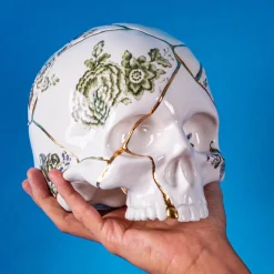 SELETTI Skulptur Kintsugi Skull, hvit, porselen, gull