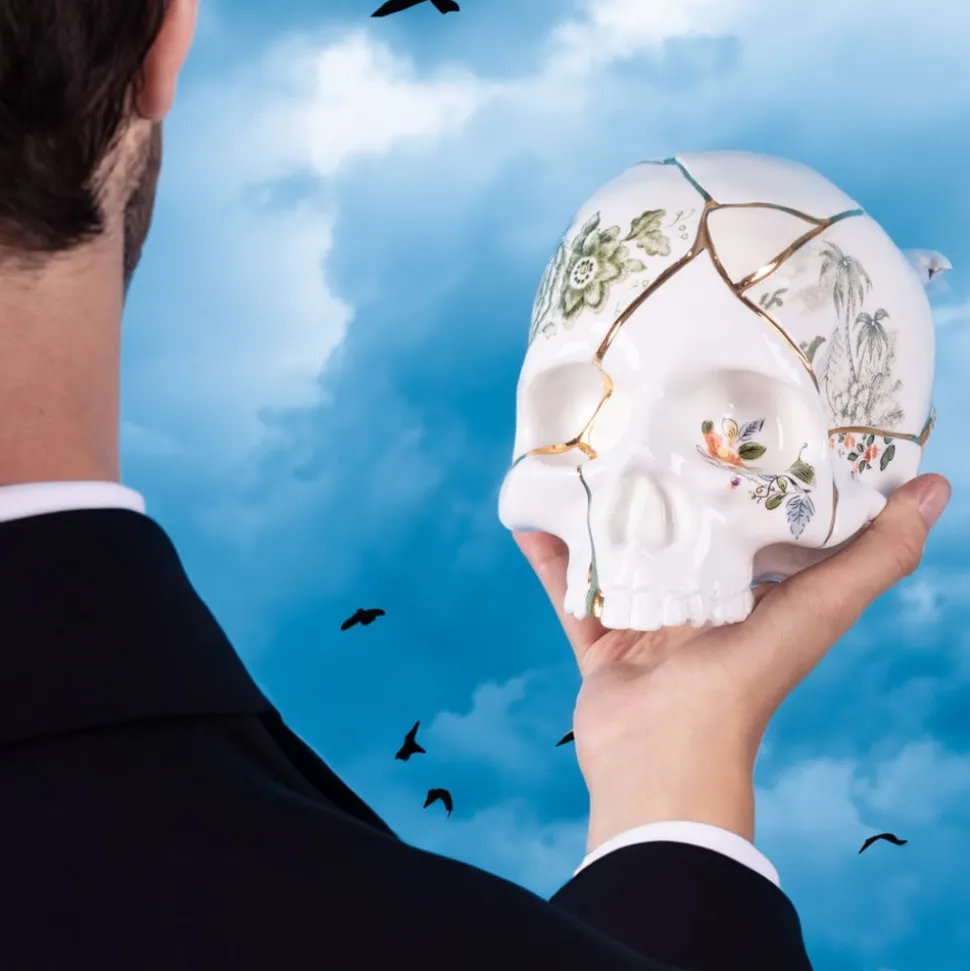 SELETTI Skulptur Kintsugi Skull, hvit, porselen, gull