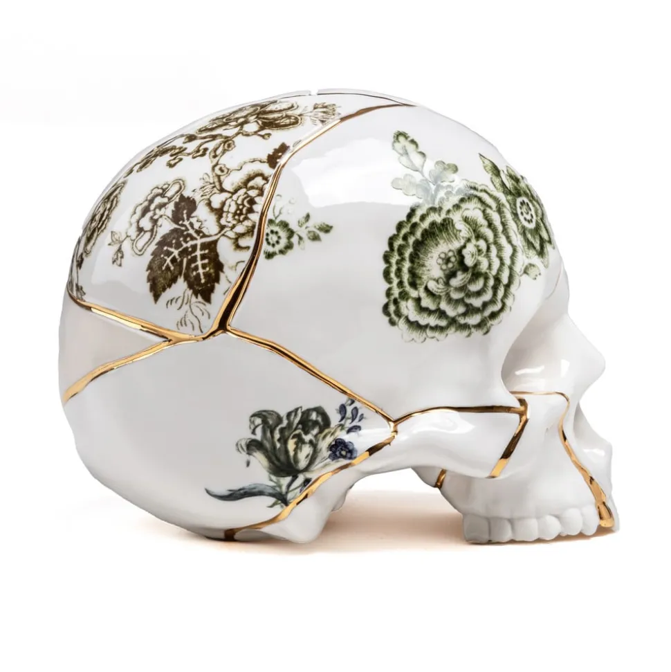 SELETTI Skulptur Kintsugi Skull, hvit, porselen, gull