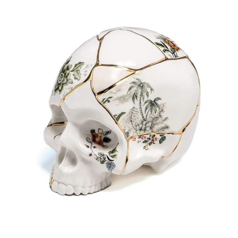 SELETTI Skulptur Kintsugi Skull, hvit, porselen, gull