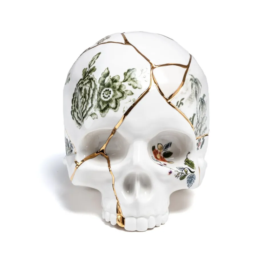 SELETTI Skulptur Kintsugi Skull, hvit, porselen, gull