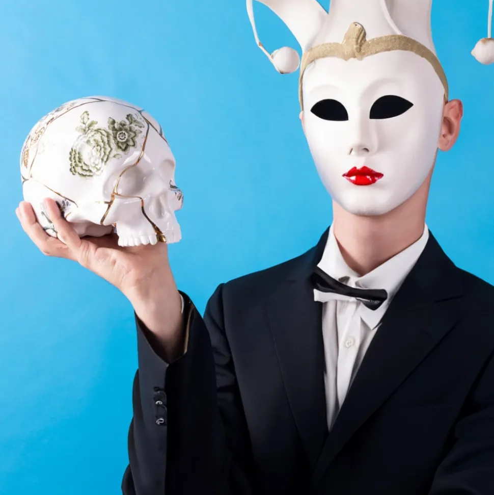 SELETTI Skulptur Kintsugi Skull, hvit, porselen, gull