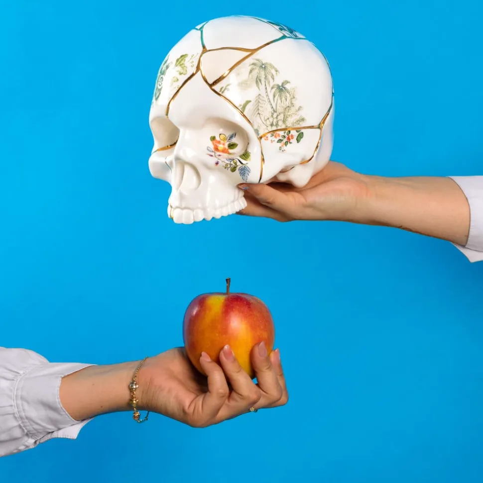 SELETTI Skulptur Kintsugi Skull, hvit, porselen, gull