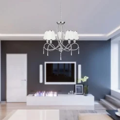 Simplicity lysekrone, 5 lyskilder, stoff, krom/hvit, E14